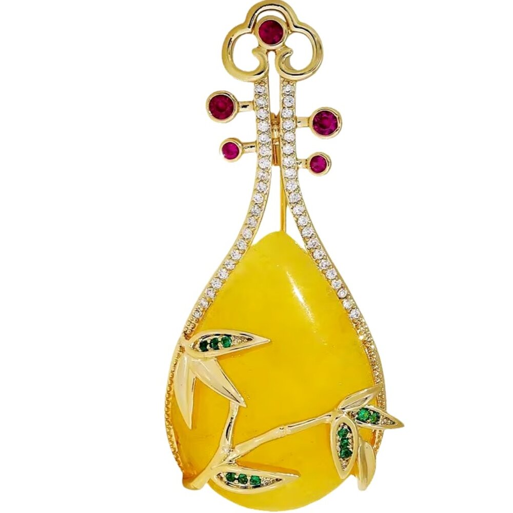 Classic Vintage Yellow Jade Chinese Lute Pipa Musical Instrument Brooch